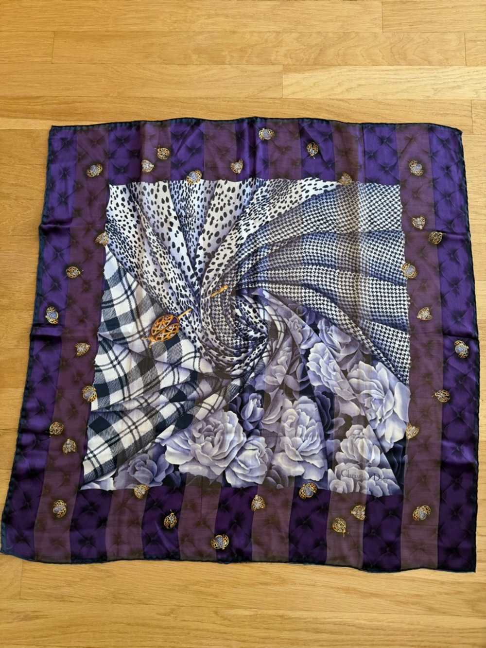 Christian Dior Purple Floral & Patterned Square Scarf - Picture 1 of 4